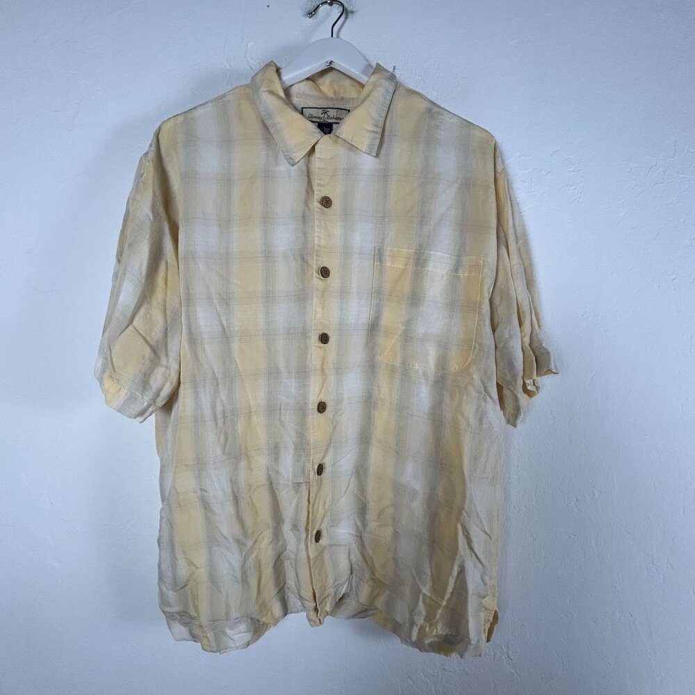 Tommy Bahama Mens Yellow Plaid Button-Up Shirt Large Linen Blend Short Sleeve